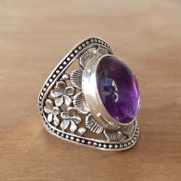 925 Purple Gemstone Flower Ring