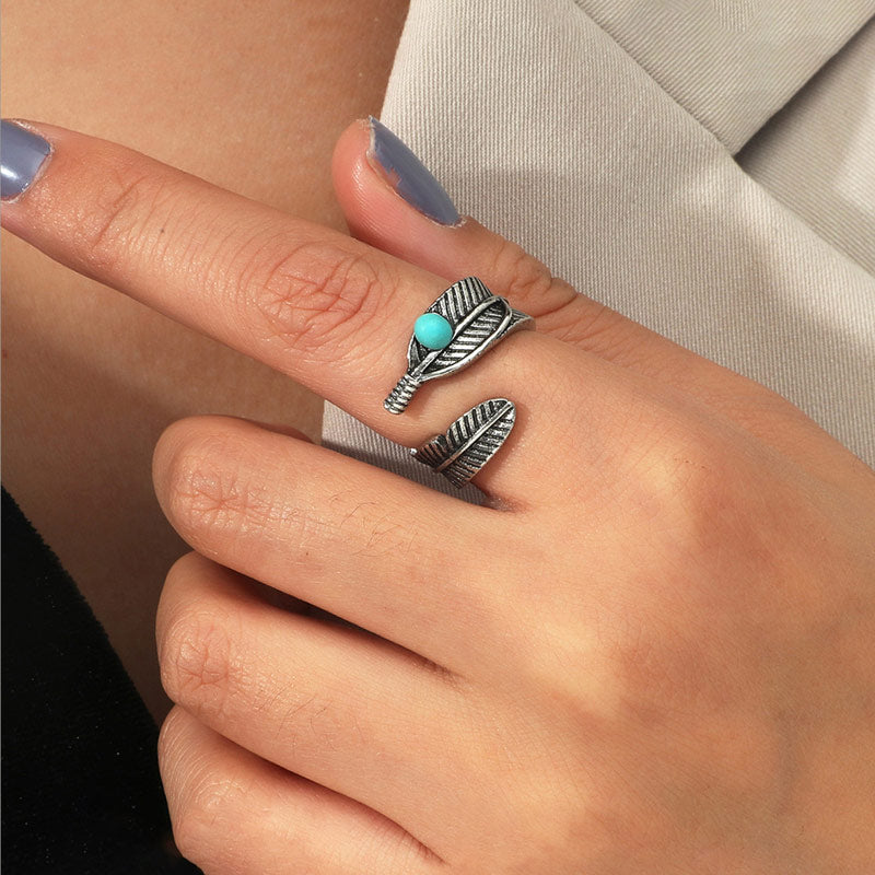 For Memorial  S925 Guardian Angel Turquoise Feather Ring