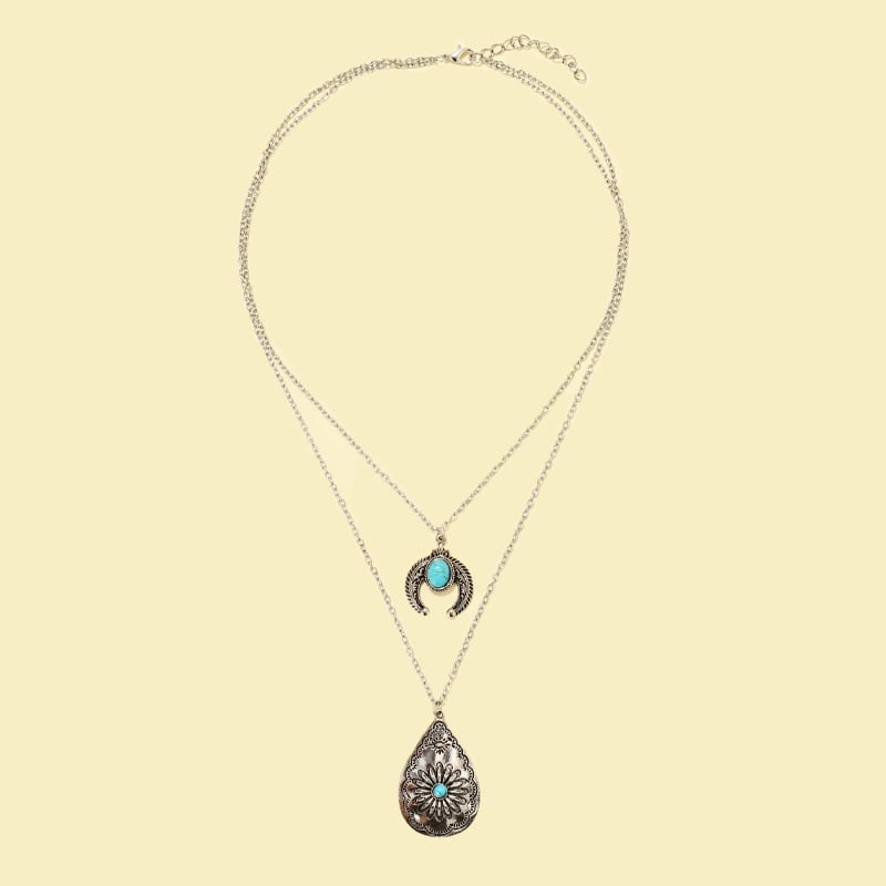 925 Turquoise Drop Carved Double Layer Necklace