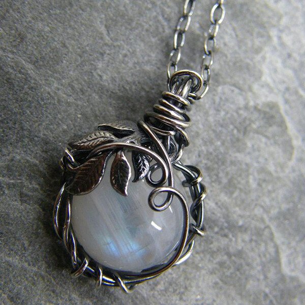 Blue Moonstone Silver Leaf Necklace