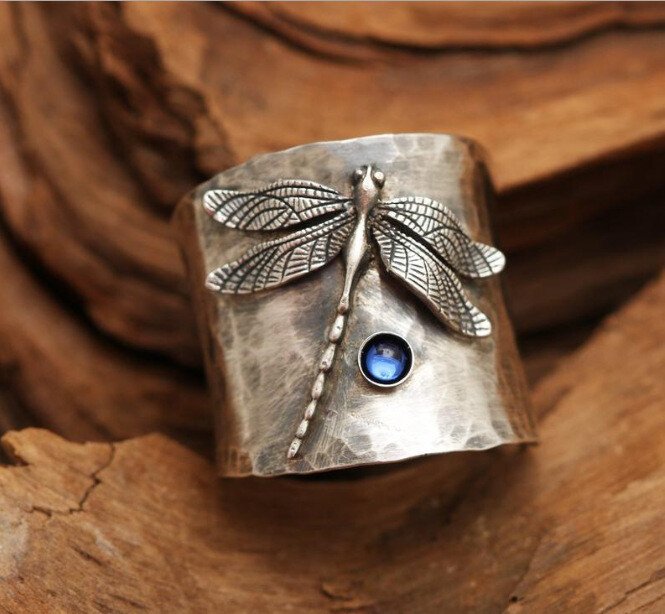 Vintage Dragonfly Wide Band Silver Ring