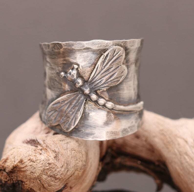 Vintage Dragonfly Wide Band Silver Ring