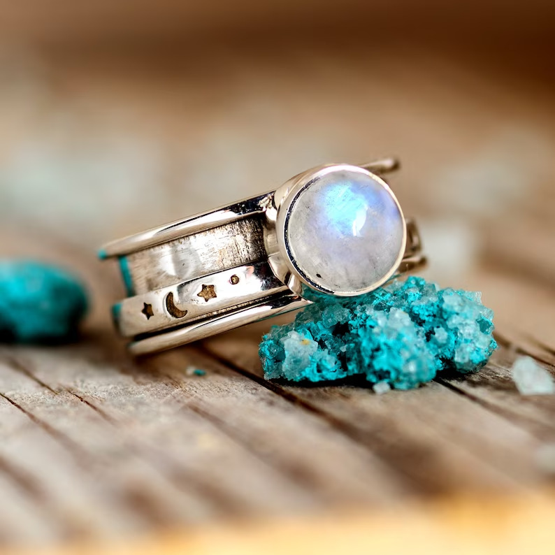 Vintage Bohemian Moonstone Star Moon Ring