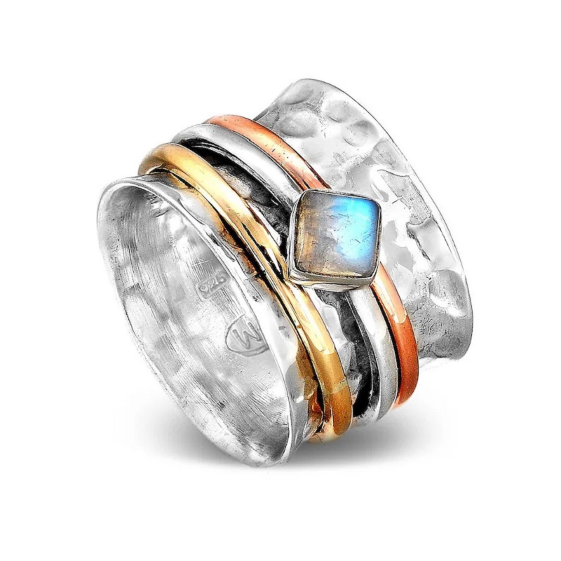 Bohemian Fashion Tri Color Stripe Diamond Moonlight Stone Hammer Pattern Ring