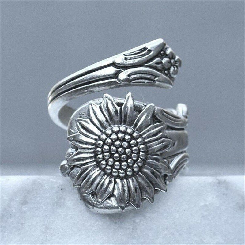 Silver Sunflower Adjustable Spoon Ring