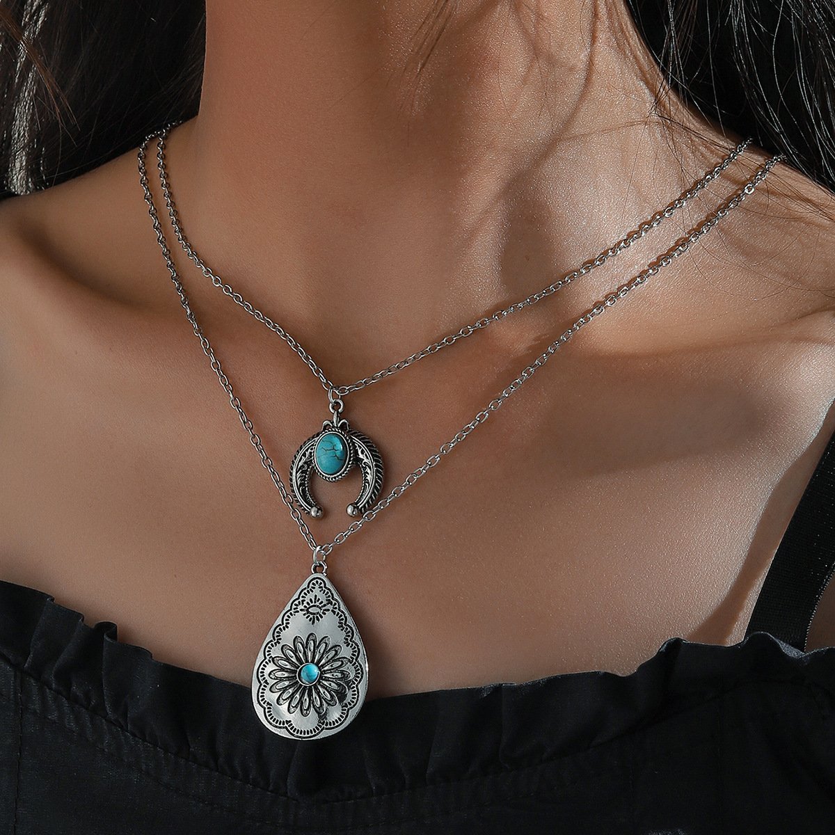 925 Turquoise Drop Carved Double Layer Necklace
