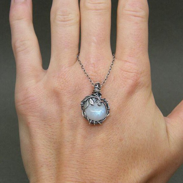 Blue Moonstone Silver Leaf Necklace