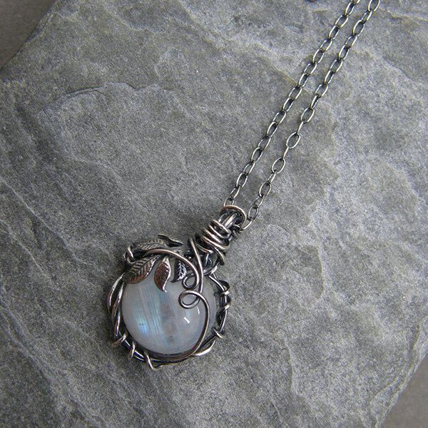 Blue Moonstone Silver Leaf Necklace