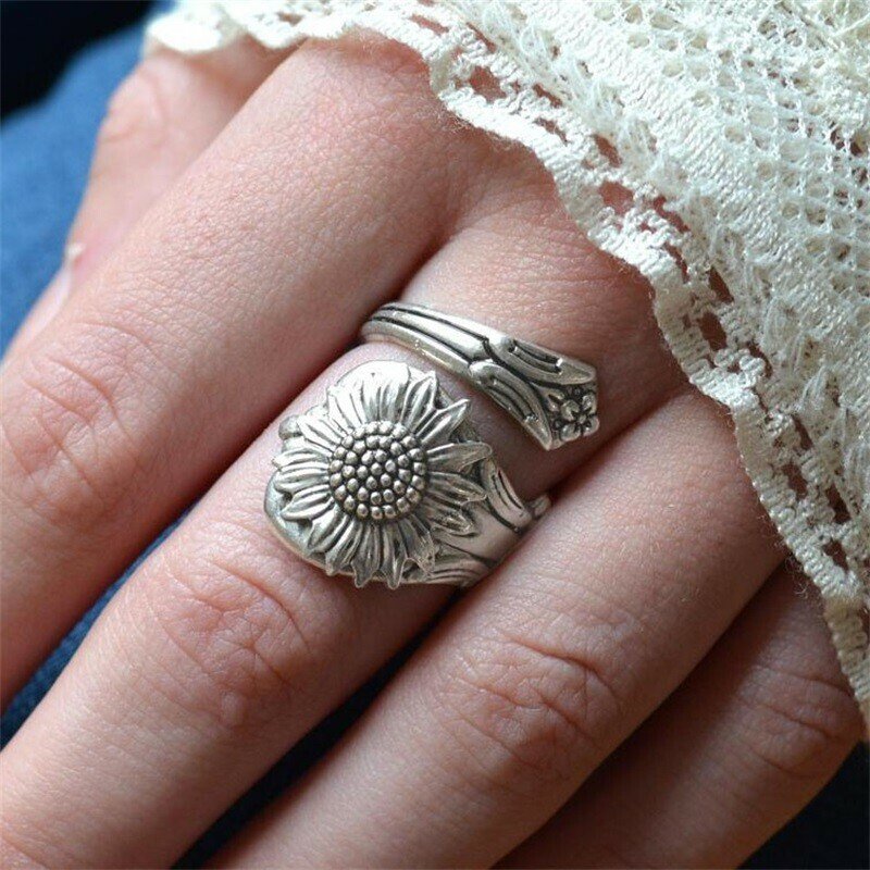 Silver Sunflower Adjustable Spoon Ring