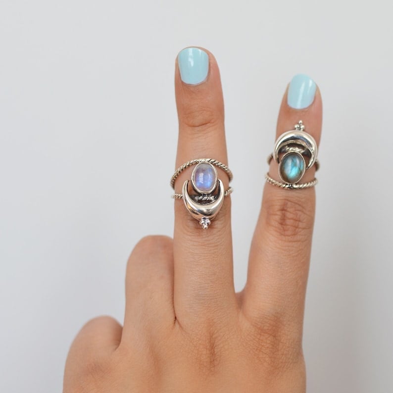 925 Oval Rainbow Moonstone Moon Phase Ring