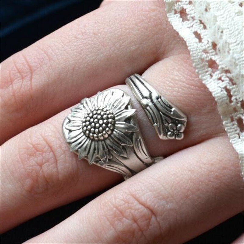 Silver Sunflower Adjustable Spoon Ring