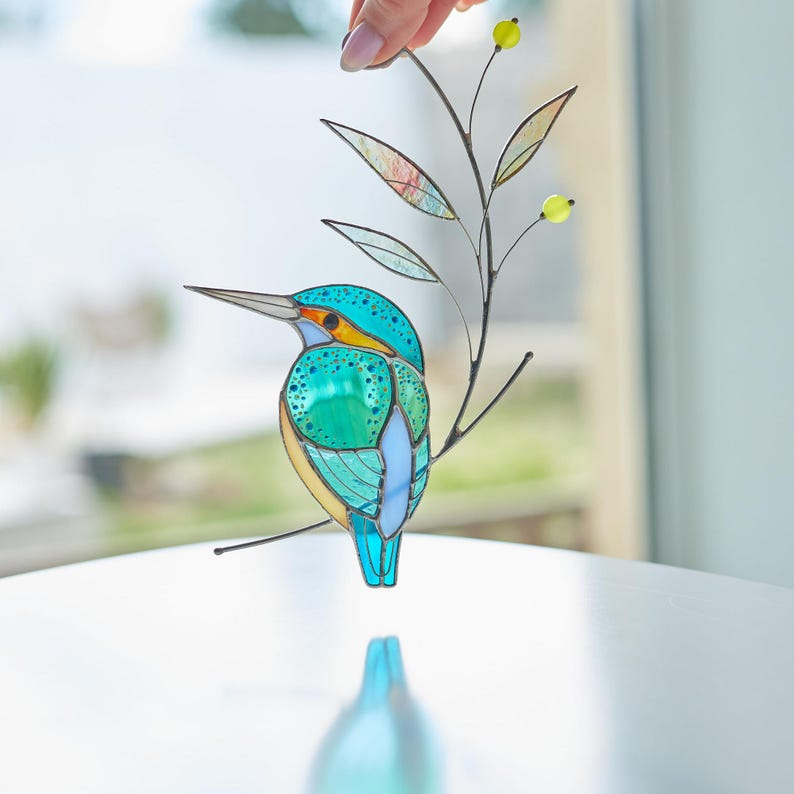💕Handmade Stained Glass Kingfisher Hummingbird Suncatcher, Bird Window Hanging, Unique Home Decor, Gift for Mom