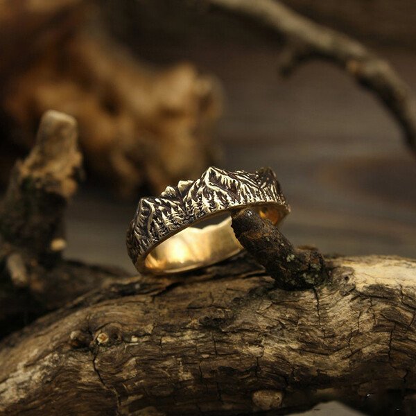 Vintage Gold Mountains and Forest Ring