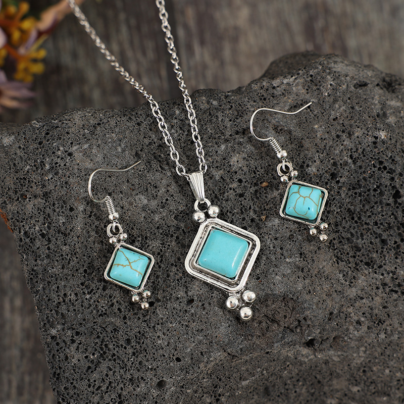 Bohemian diamond turquoise necklace and earrings set