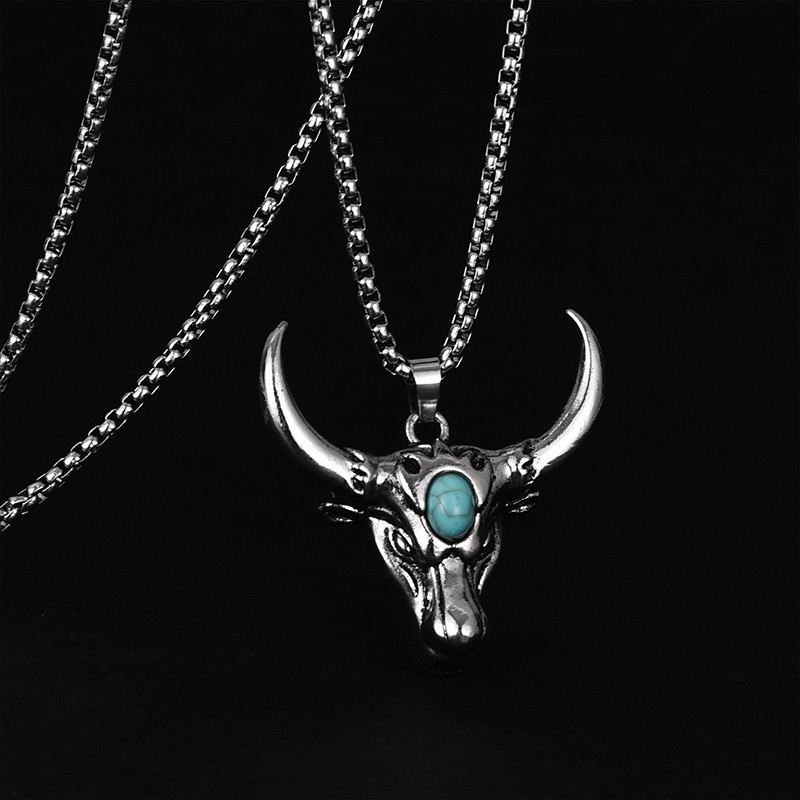 Personalized Retro Turquoise Bull Head Men'S Necklace