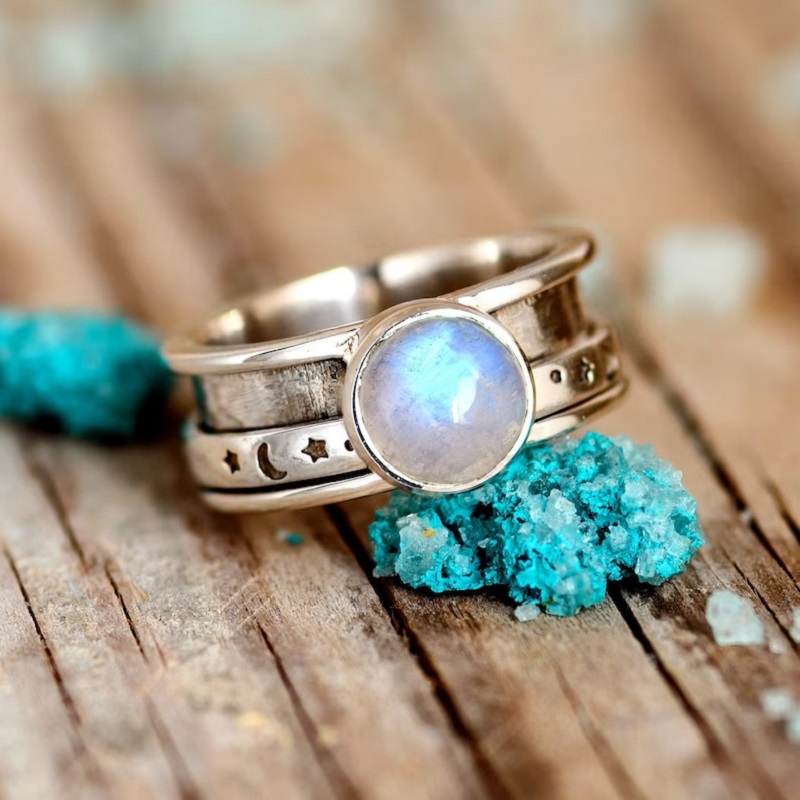 Vintage Bohemian Moonstone Star Moon Ring