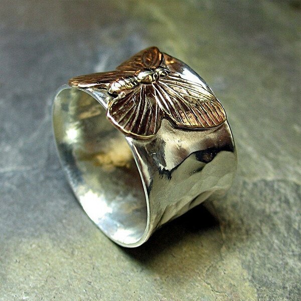 Vintage Butterfly Wide Band Silver Ring