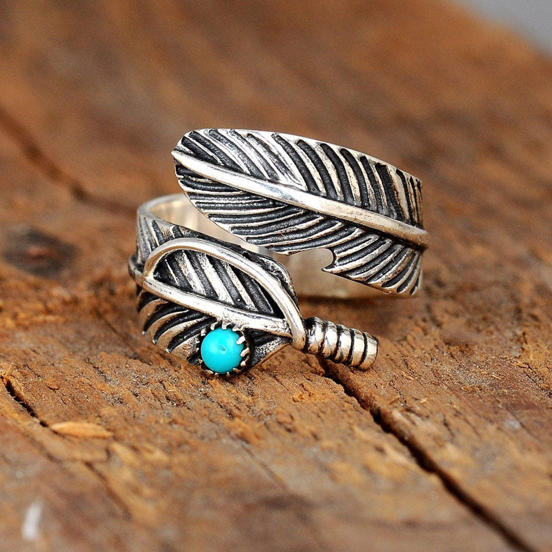 For Memorial  S925 Guardian Angel Turquoise Feather Ring