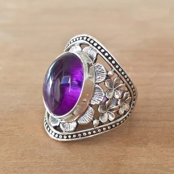 925 Purple Gemstone Flower Ring
