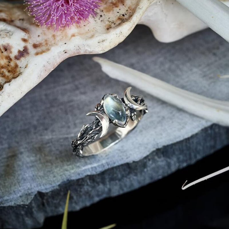 925 Double Crescent Moon Gemstone Ring