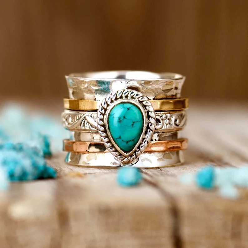 Boho Vintage Turquoise Tricolor Ring