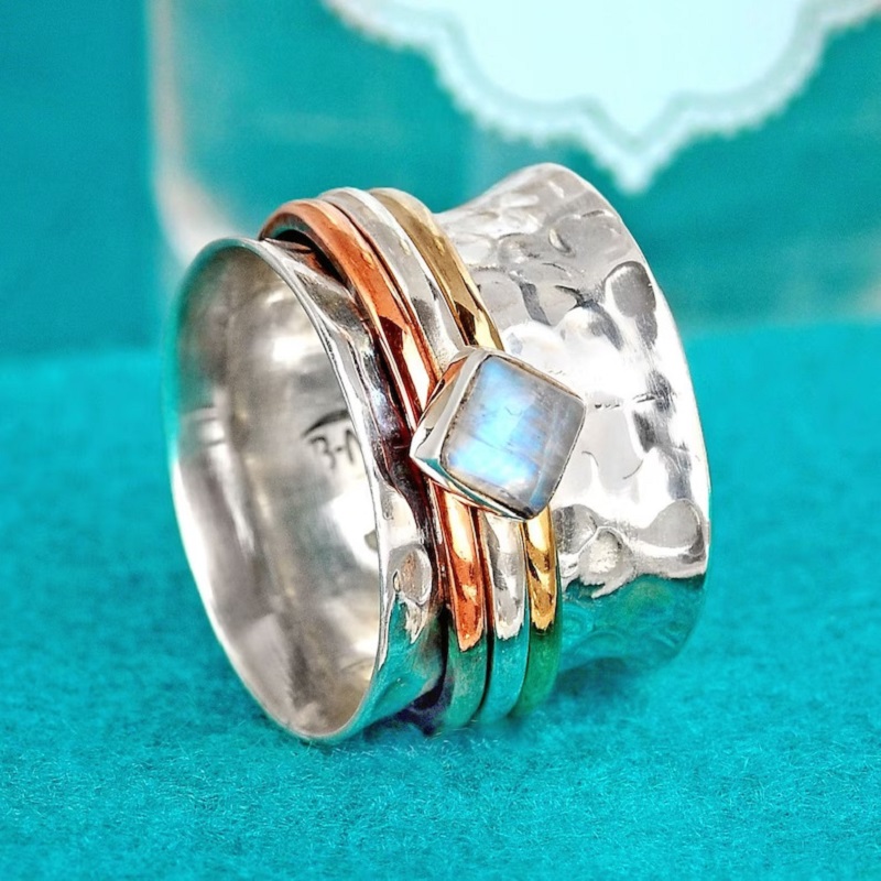 Bohemian Fashion Tri Color Stripe Diamond Moonlight Stone Hammer Pattern Ring