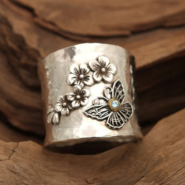 925 Bee Flower Butterfly Wide Band Ring