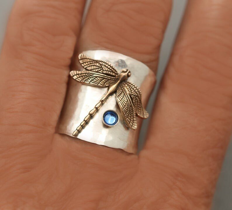 Vintage Dragonfly Wide Band Silver Ring