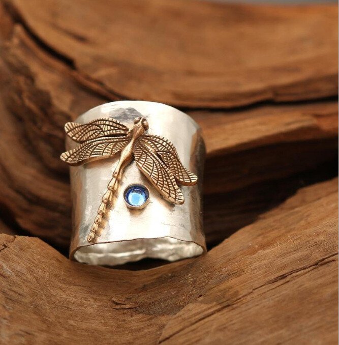 Vintage Dragonfly Wide Band Silver Ring