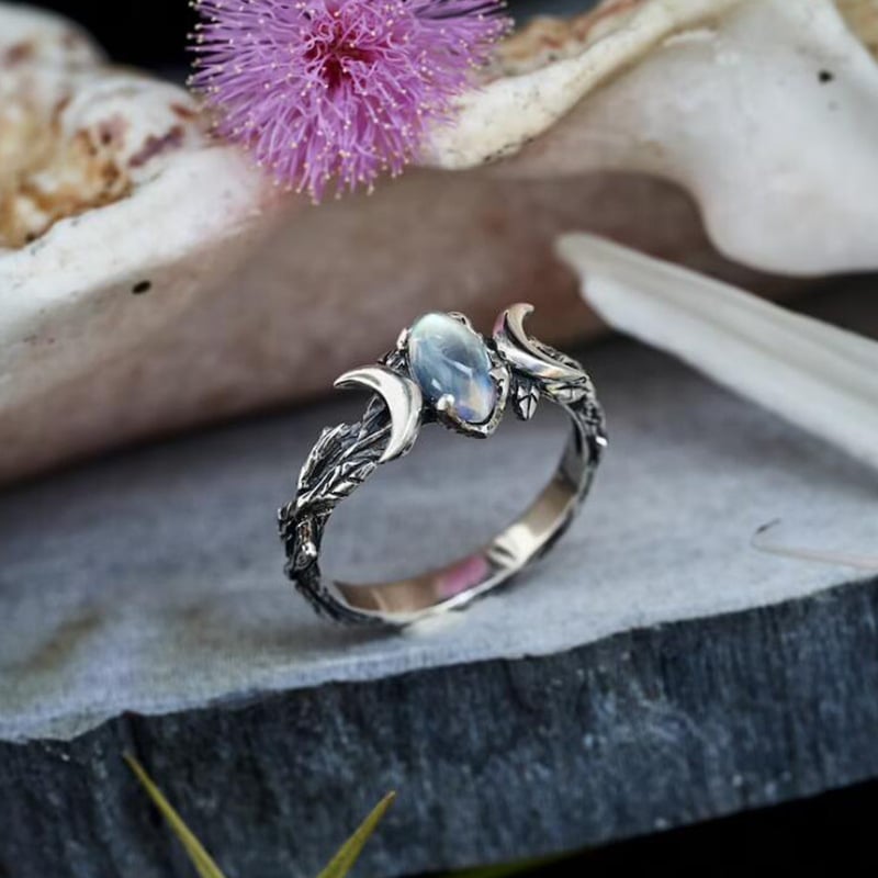925 Double Crescent Moon Gemstone Ring