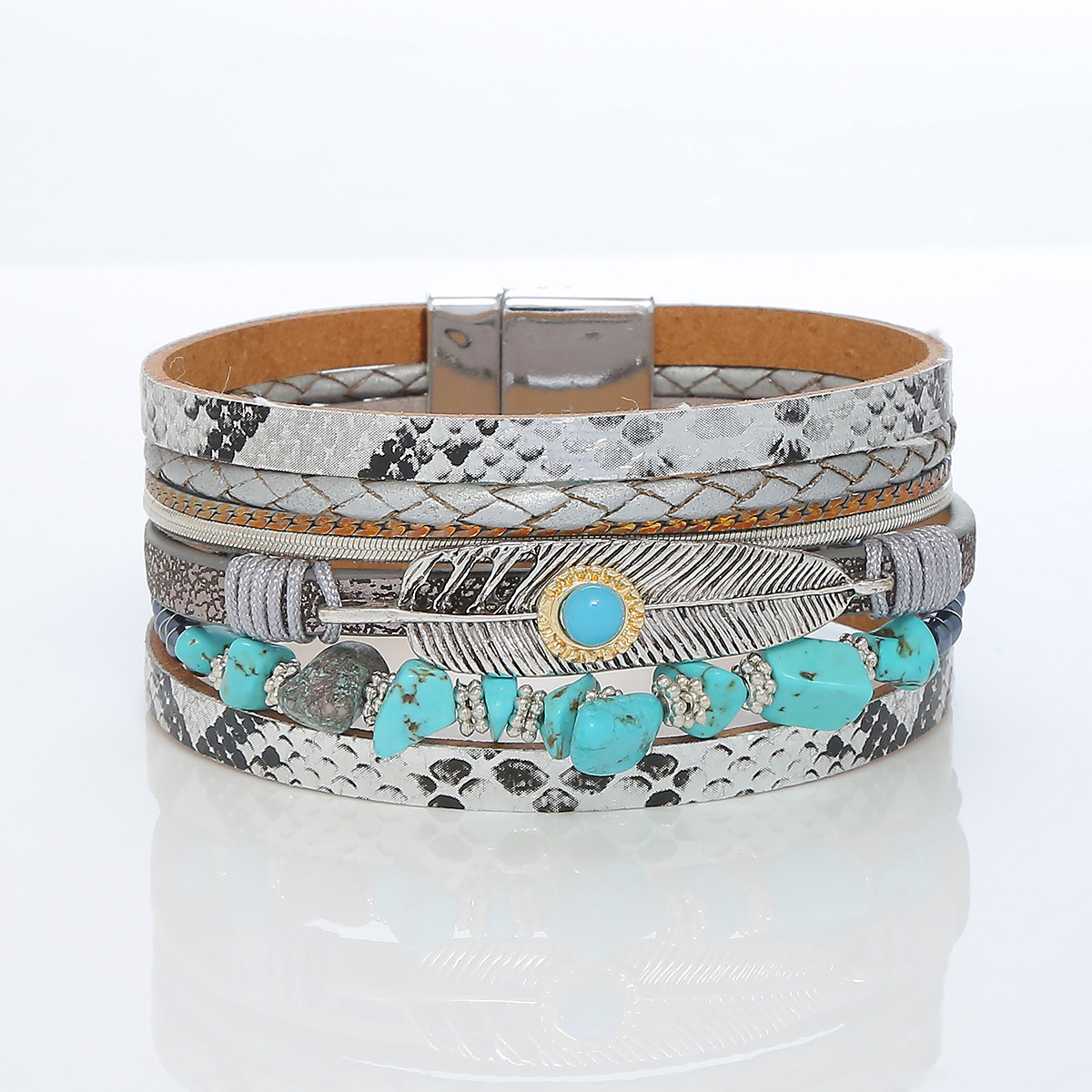 Crystal Feather Braided Leather Bracelet