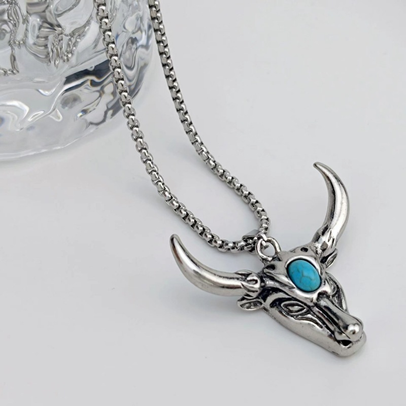 Personalized Retro Turquoise Bull Head Men'S Necklace