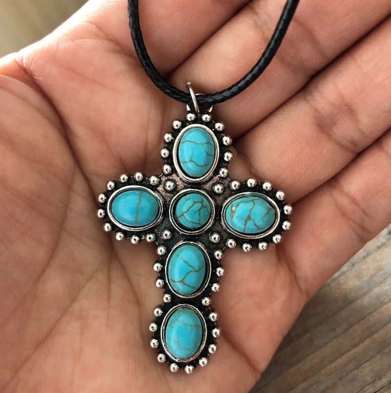 925 Turquoise Cross With Round Beads Necklace
