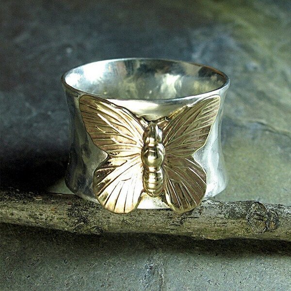 Vintage Butterfly Wide Band Silver Ring
