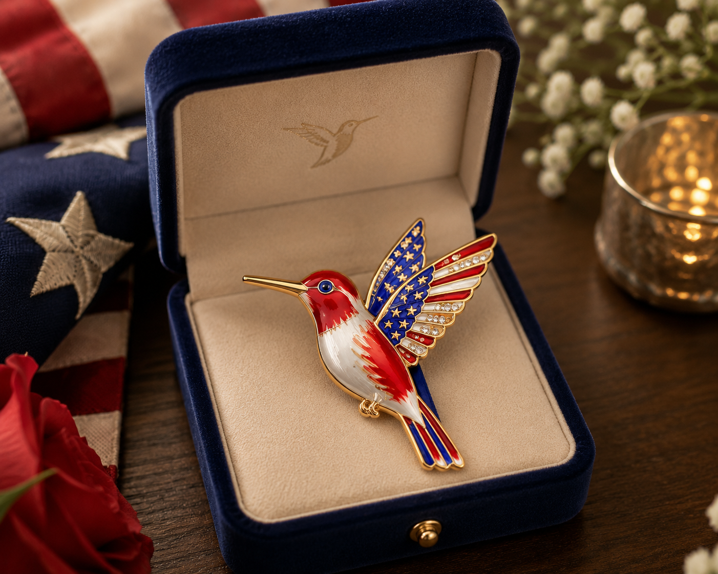  Patriotic Red, White & Blue Hummingbird Brooch — 𝟮𝟱𝟬𝘁𝗵 𝗔𝗻𝗻𝗶𝘃𝗲𝗿𝘀𝗮𝗿𝘆. 𝗙𝗼𝗿 𝘁𝗵𝗲 𝗢𝗻𝗲𝘀 𝗪𝗵𝗼 𝗙𝗹𝗲𝘄 𝗧𝗼𝗼 𝗙𝗮𝗿.