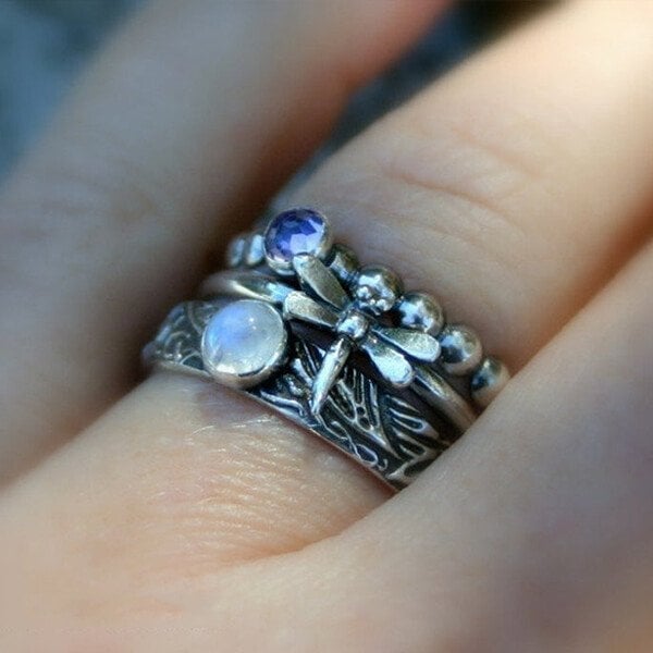 925 Dragonfly Inlaid Gemstone Threepiece Stacking Ring