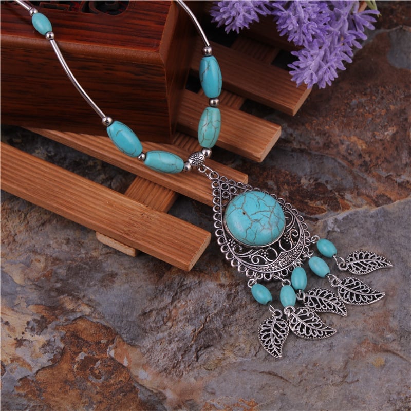925 Turquoise Leaf Tassel Necklace