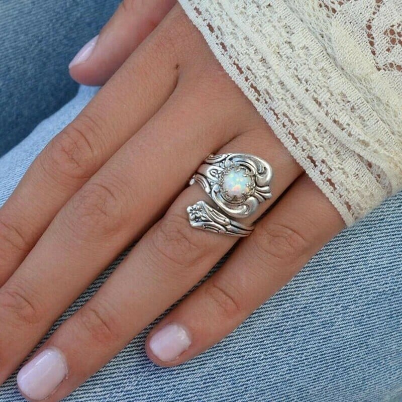 925 White Opal Spoon Adjustable Ring