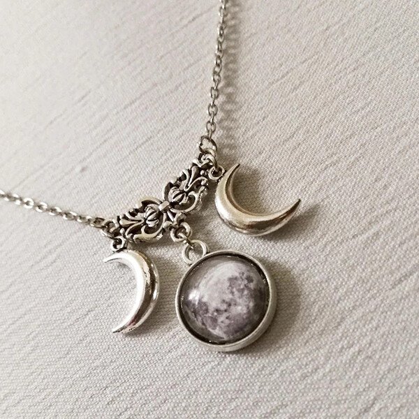 Sterling Silver Triple Moon Pendant Necklace