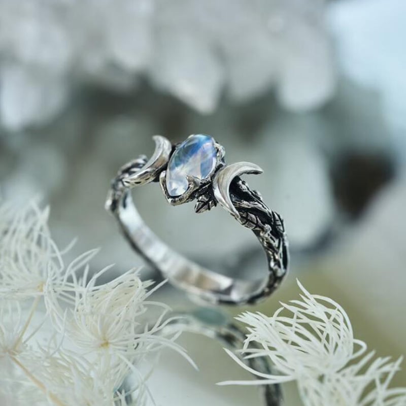 925 Double Crescent Moon Gemstone Ring