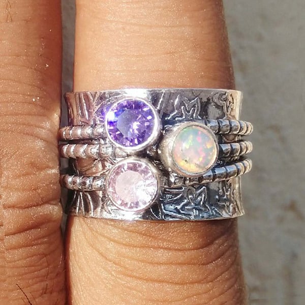 925 Sterling Silver Bohemian Gemstone Meditation Spinner Ring