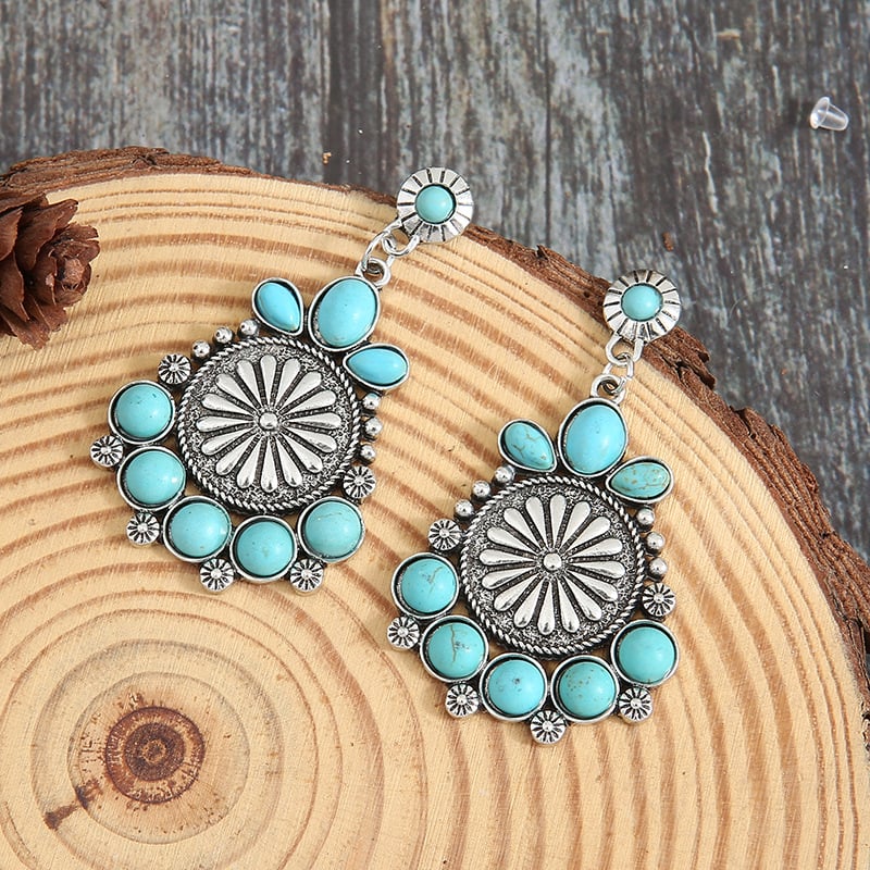 925  Turquoise Disc Carved Flower Earrings