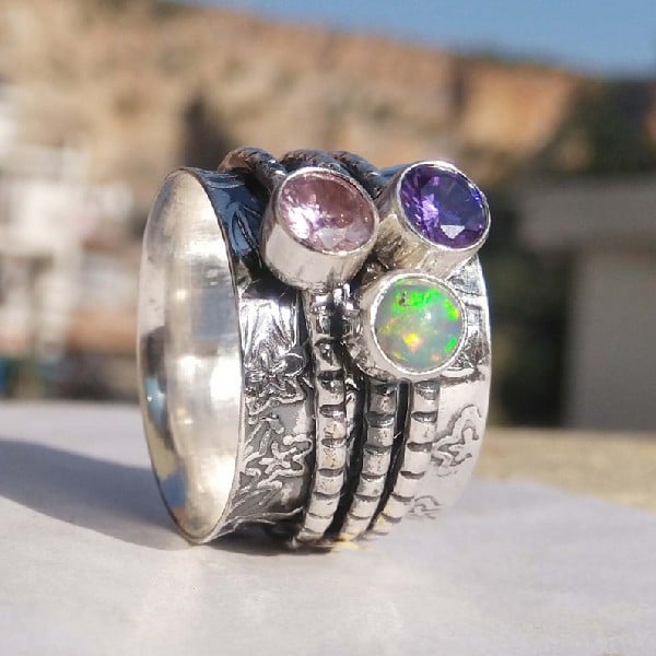 925 Sterling Silver Bohemian Gemstone Meditation Spinner Ring