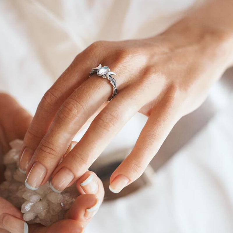 925 Double Crescent Moon Gemstone Ring
