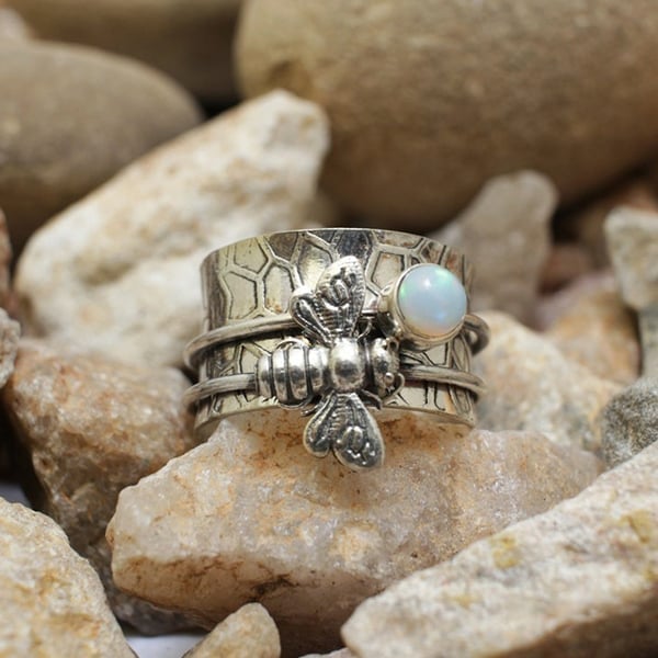 925 Bee Gemstone Meditation Spinner Ring