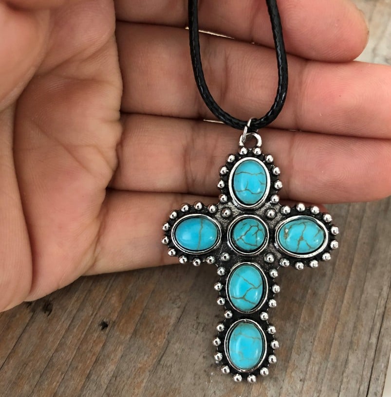 925 Turquoise Cross With Round Beads Necklace