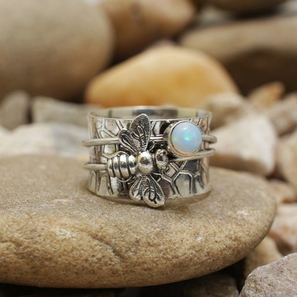925 Bee Gemstone Meditation Spinner Ring