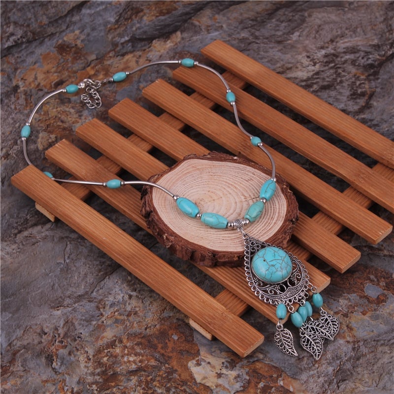 925 Turquoise Leaf Tassel Necklace
