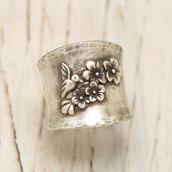 925 Bird Flower Wide Band Ring