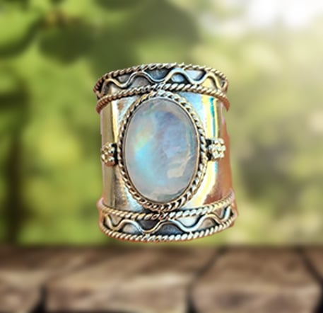 925 Bohemian Moonstone Wide Band Ring